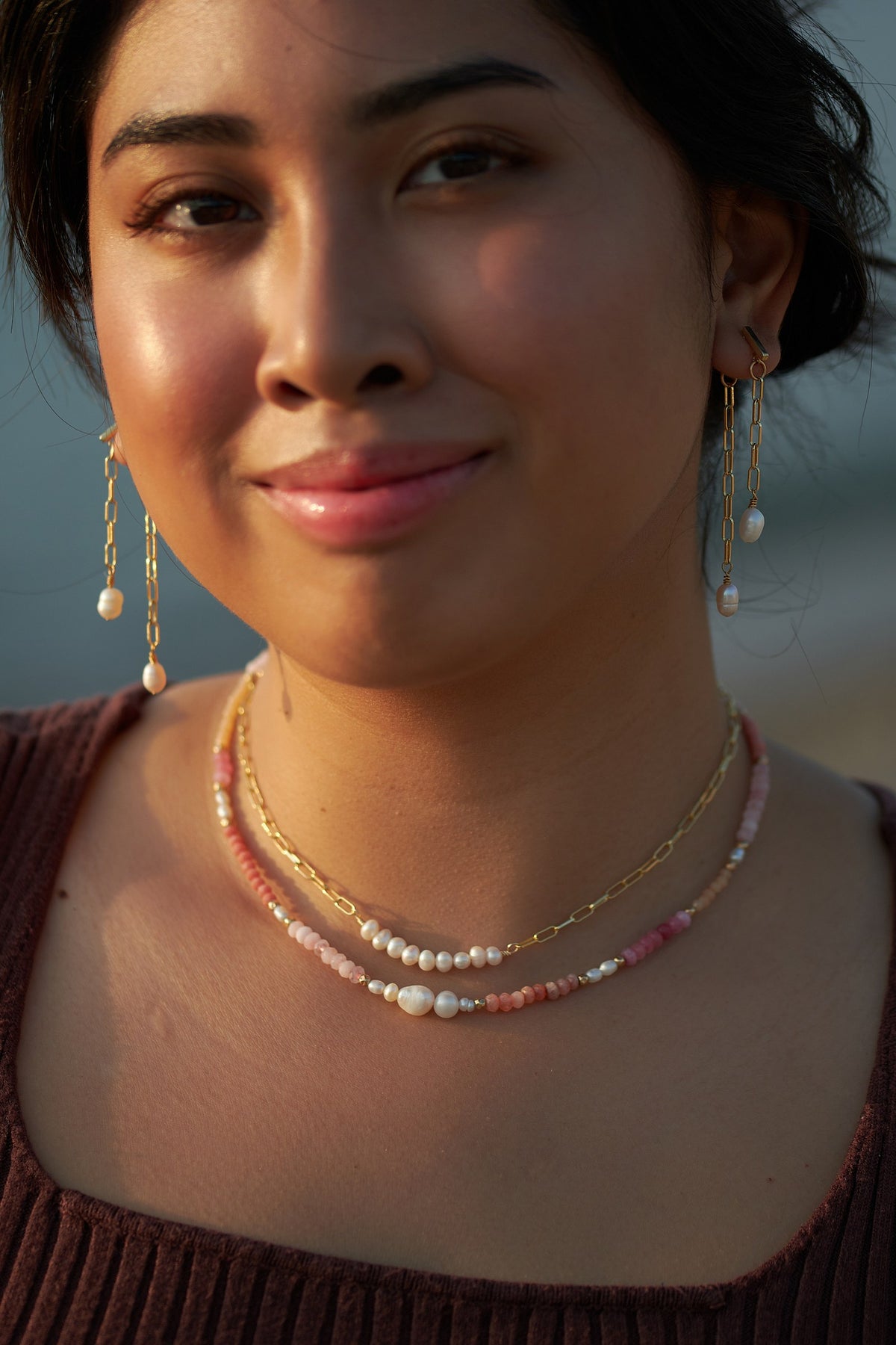 Both Sides Earrings worn with the Ombré and Glow necklaces