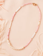 Freshwater pearl necklace with pink jade stones and gold-filled beads
